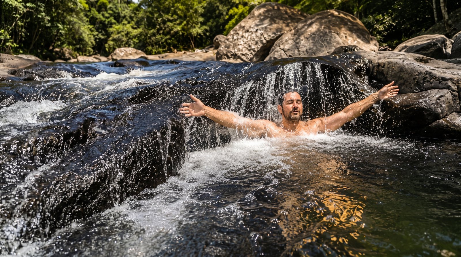Homem em cachoeira natural