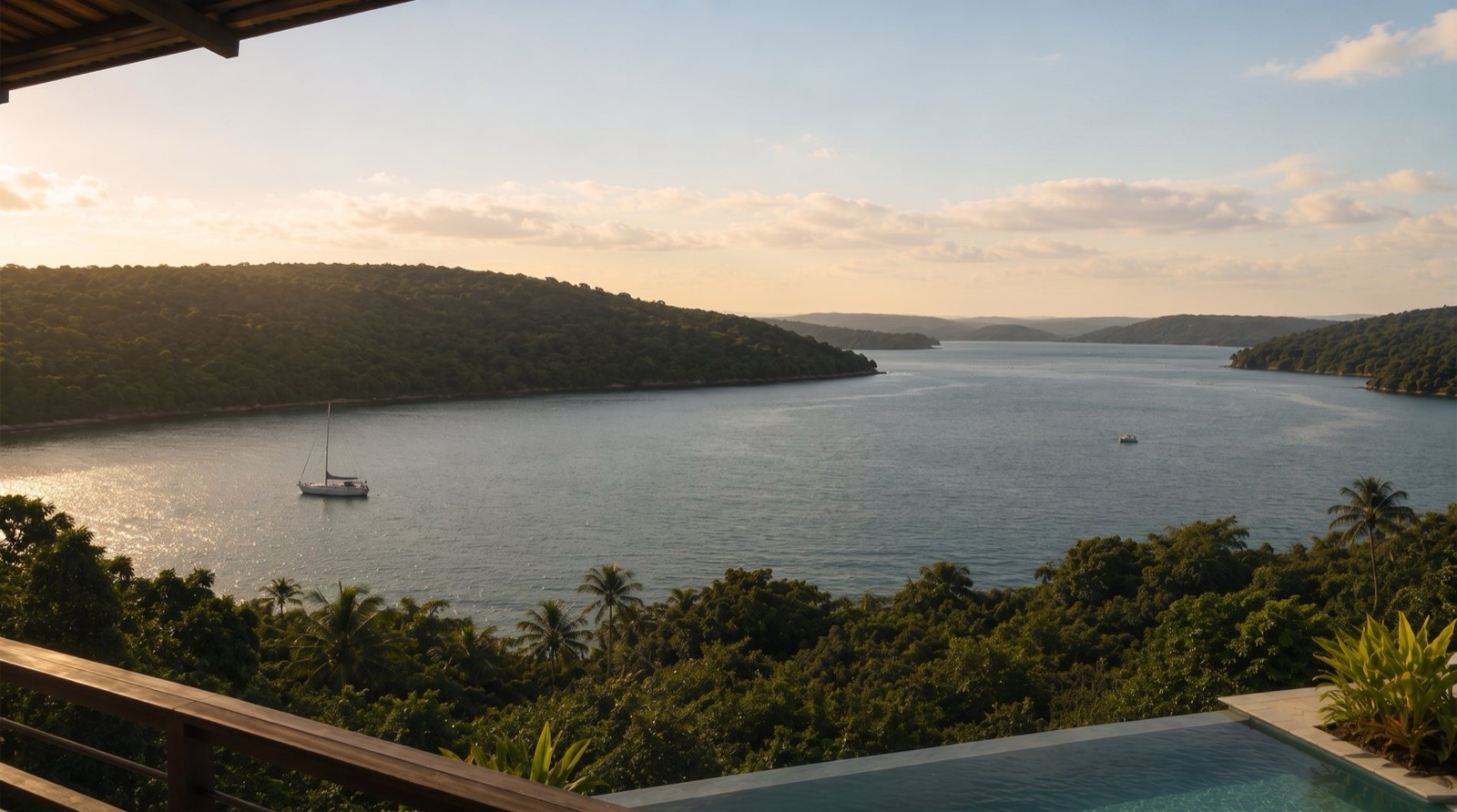 Vista da baía com veleiro ao entardecer