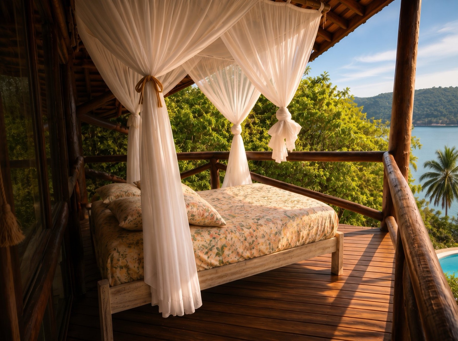 Cama com dossel na varanda com vista para o mar